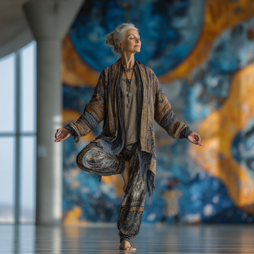 Katta yoshdagi ayol yoga bilan shug'ullanmoqda